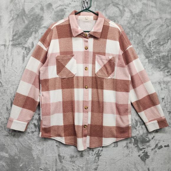 Maurices Jacket Womens L Pink Cream Vintage Plaid Fleece Shacket Pockets Casual - Picture 1 of 11